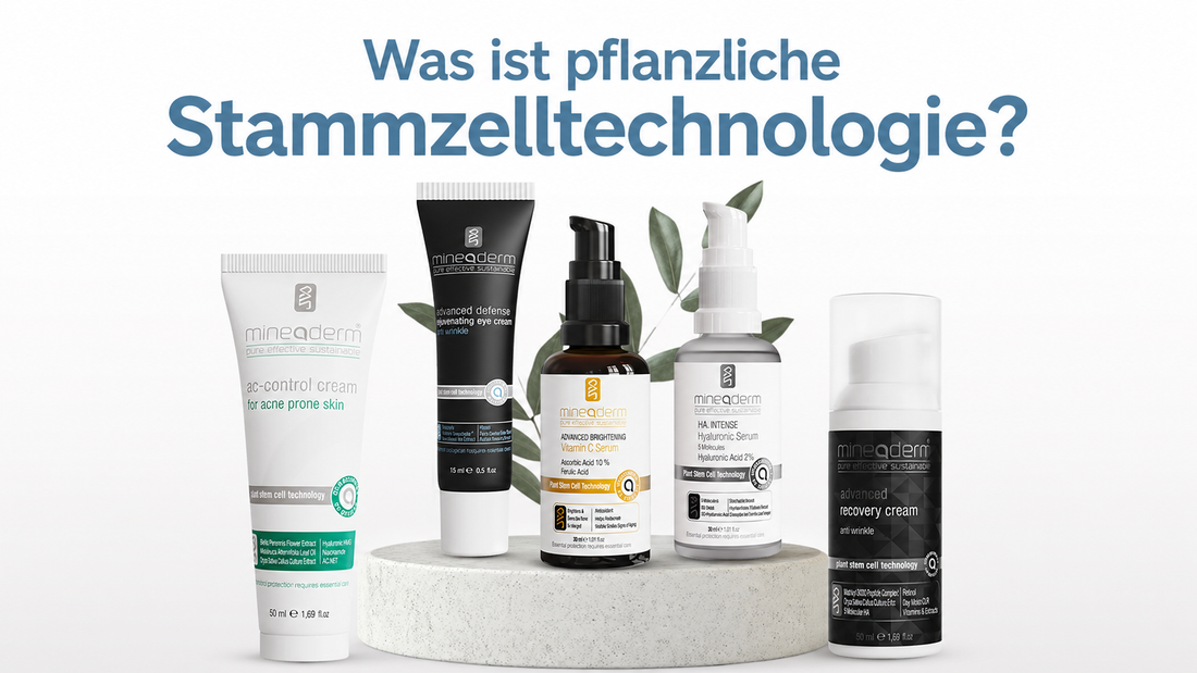 Mineaderm Produkte mit pflanzlicher Stammzelltechnologie für moderne Hautpflege auf hellem, minimalistischen Hintergrund.