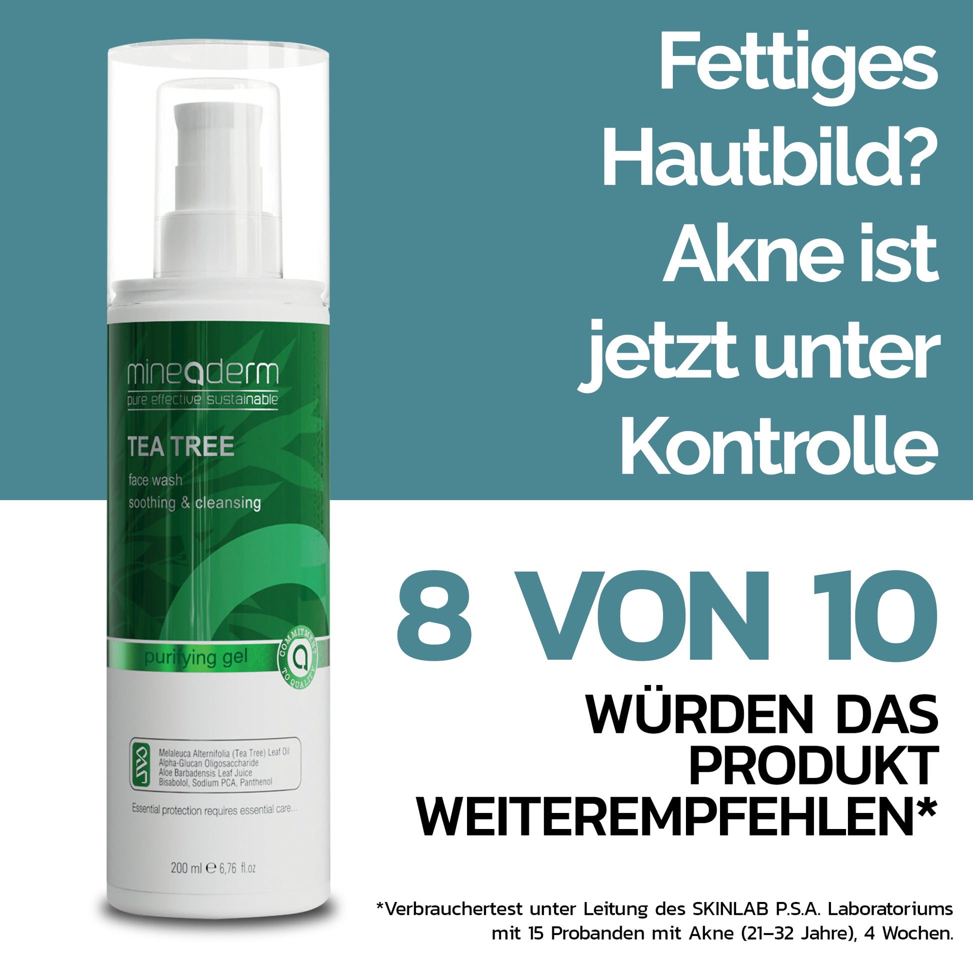Tea Tree Face Wash 200 ml – Porenreinigendes Gesichtsgel zur Bekämpfung von Pickeln und Mitessern | Mineaderm