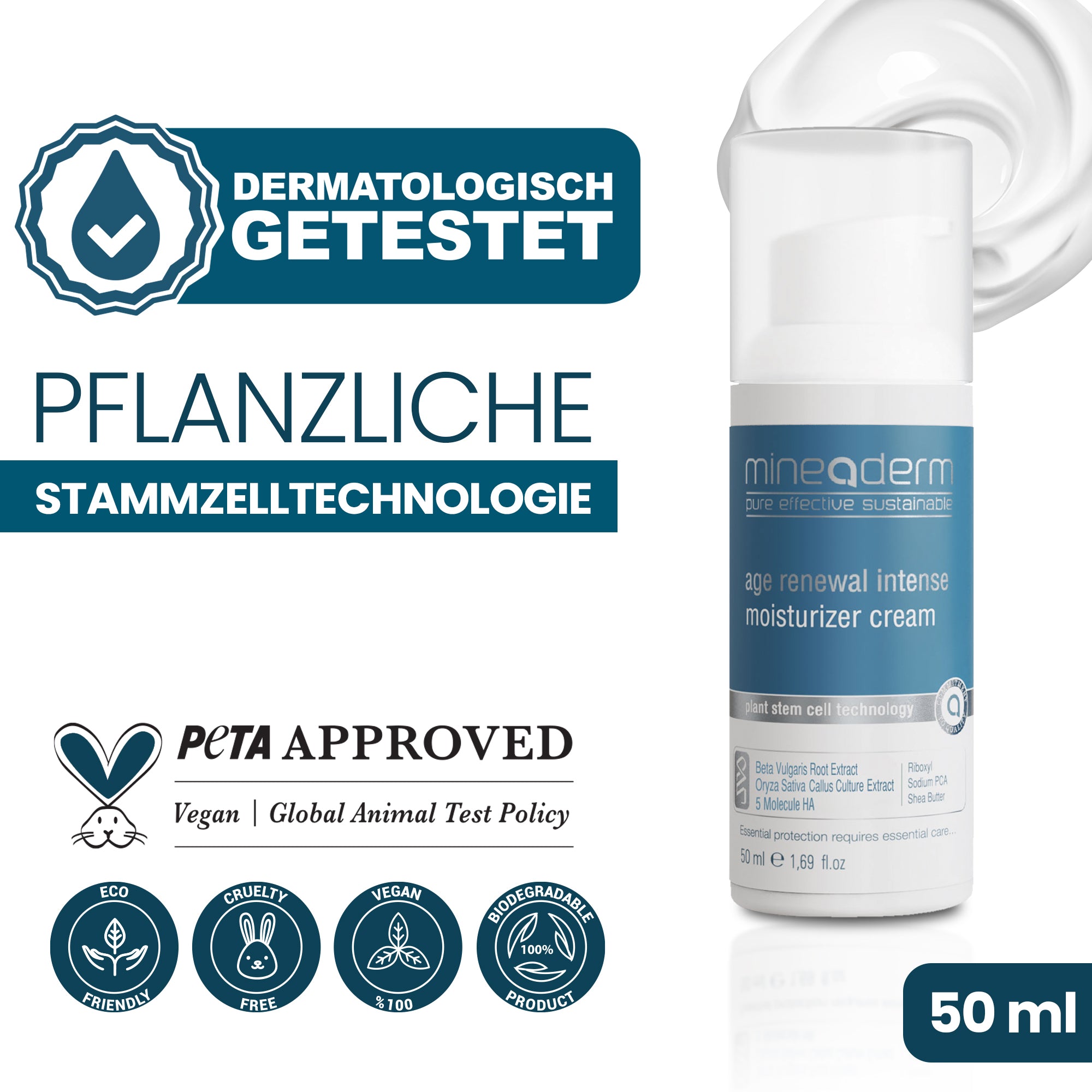 Mineaderm Age Renewal Intense Moisturizer Cream 50ml – dermatologisch getestet, pflanzliche Stammzelltechnologie, vegan, PETA-zertifiziert | Mineaderm