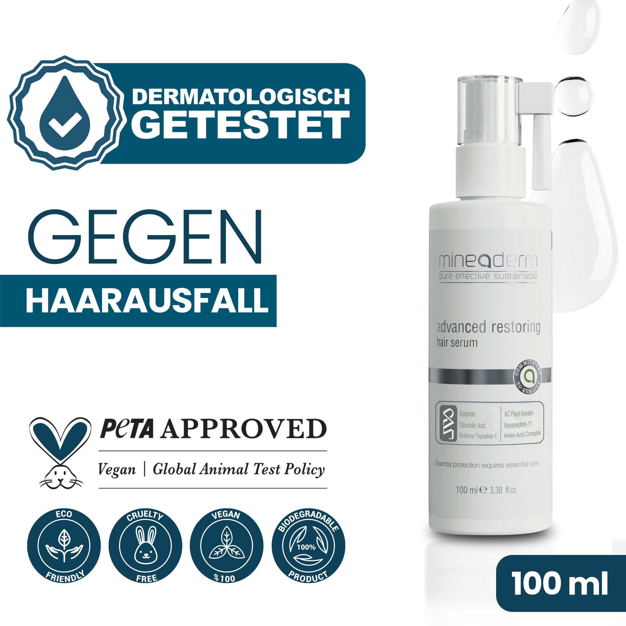 Mineaderm Advanced Restoring Hair Serum – PETA Approved, dermatologisch getestet, vegan, cruelty-free, 100 ml, gegen Haarausfall | Mineaderm