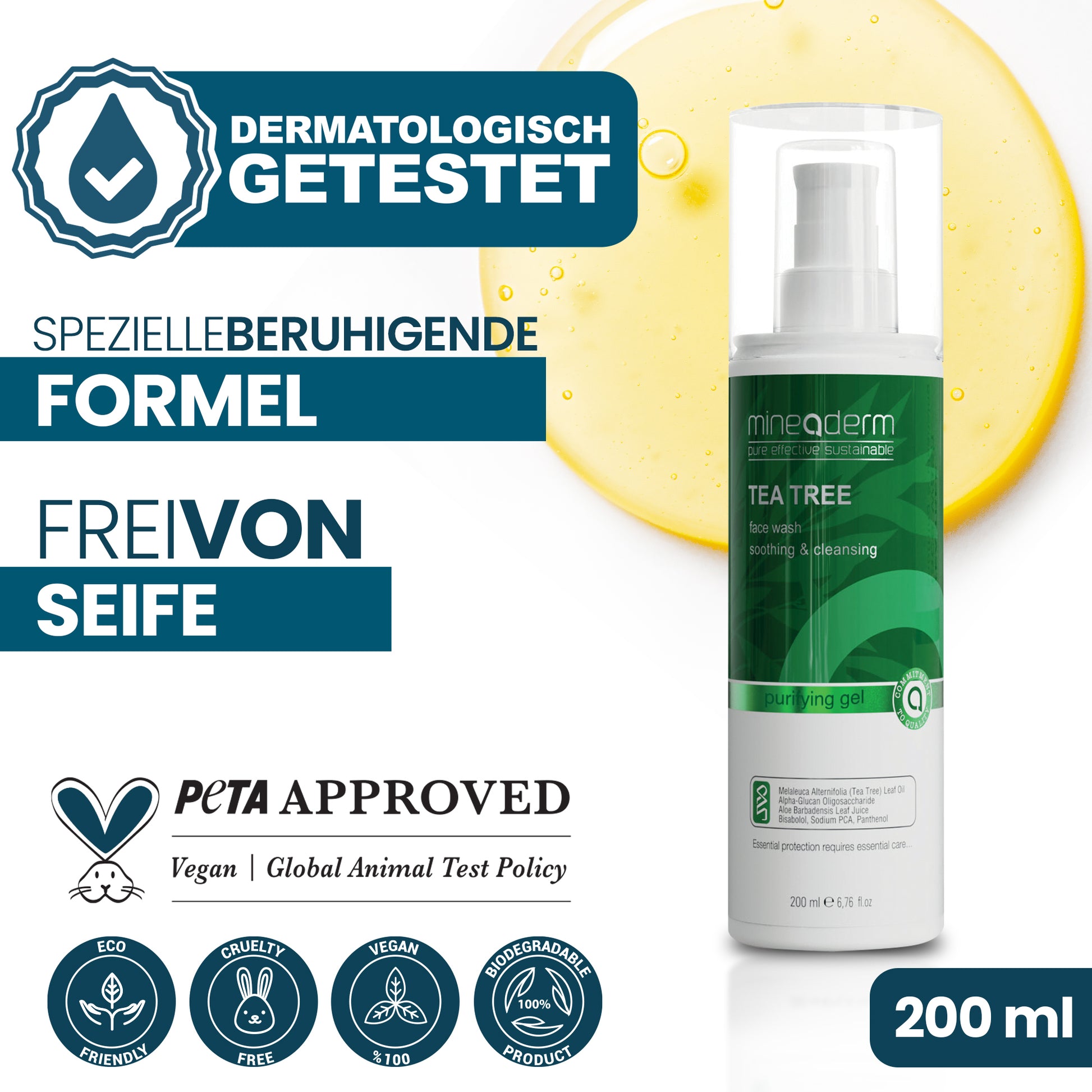 Tea Tree Face Wash 200 ml – Dermatologisch getestetes Reinigungsgel für empfindliche und unreine Haut | Mineaderm